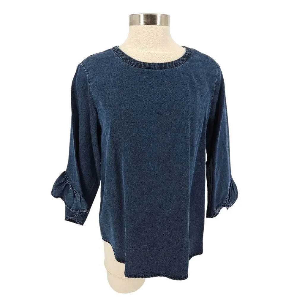 Soft Surroundings Shirt Blue Denim Ruffle 3/4 Sleeve Button Back Top